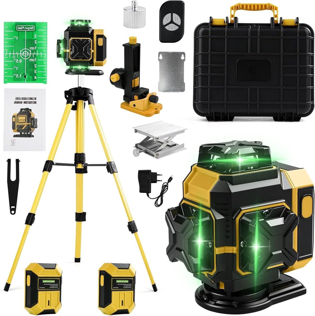 Kruislijnlaser met statief en 16 groene lijnen, IP54 waterdicht, inclusief 2 x 3600 mAh batterij en telescopisch statief voor het leggen van vloertegels en precisiewerk.