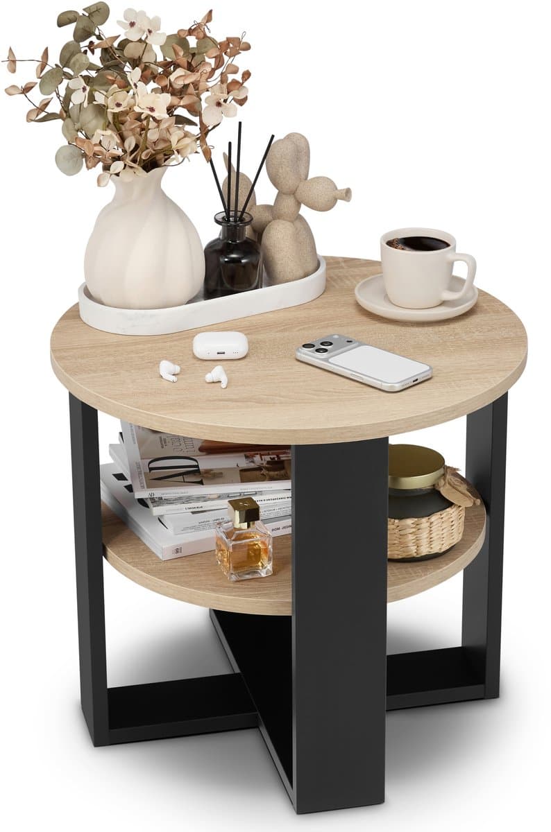 defiPad Salontafel Rond Ø53 cm - Bijzettafel - Zwart + Sonoma Eiken met Plank