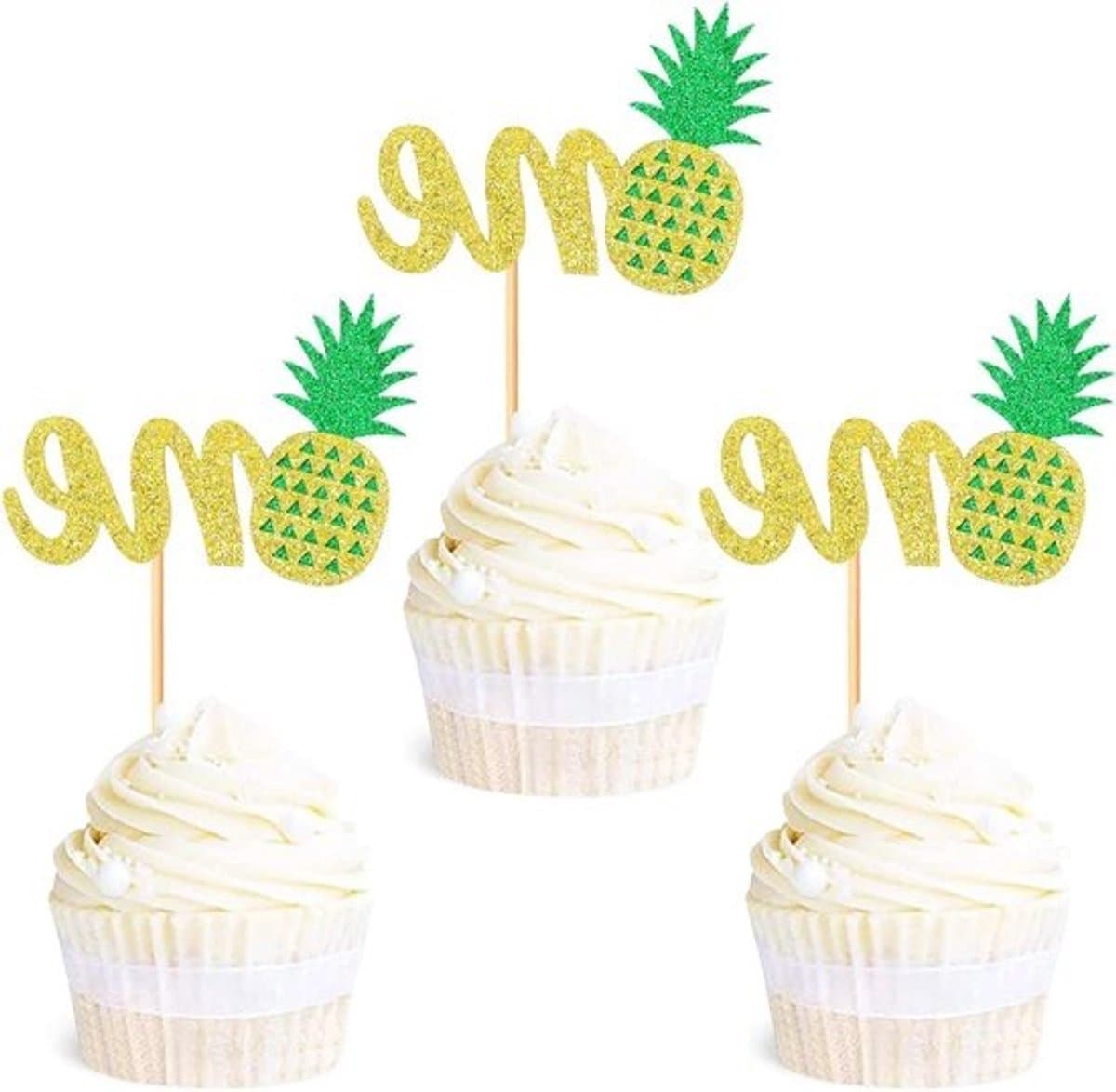 Cupcaketoppers - Taartdecoraties - Feestelijke versiering - Glitterdesign met ananas - 24 stuks - Goud