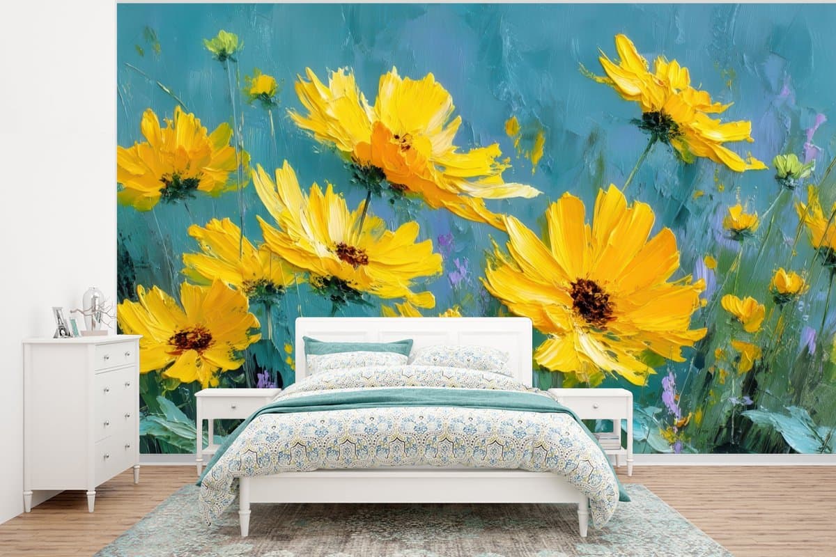 Behang - Fotobehang Penseelstreken - Bloemen - Felgeel - Abstract - Breedte 400 cm x hoogte 300 cm