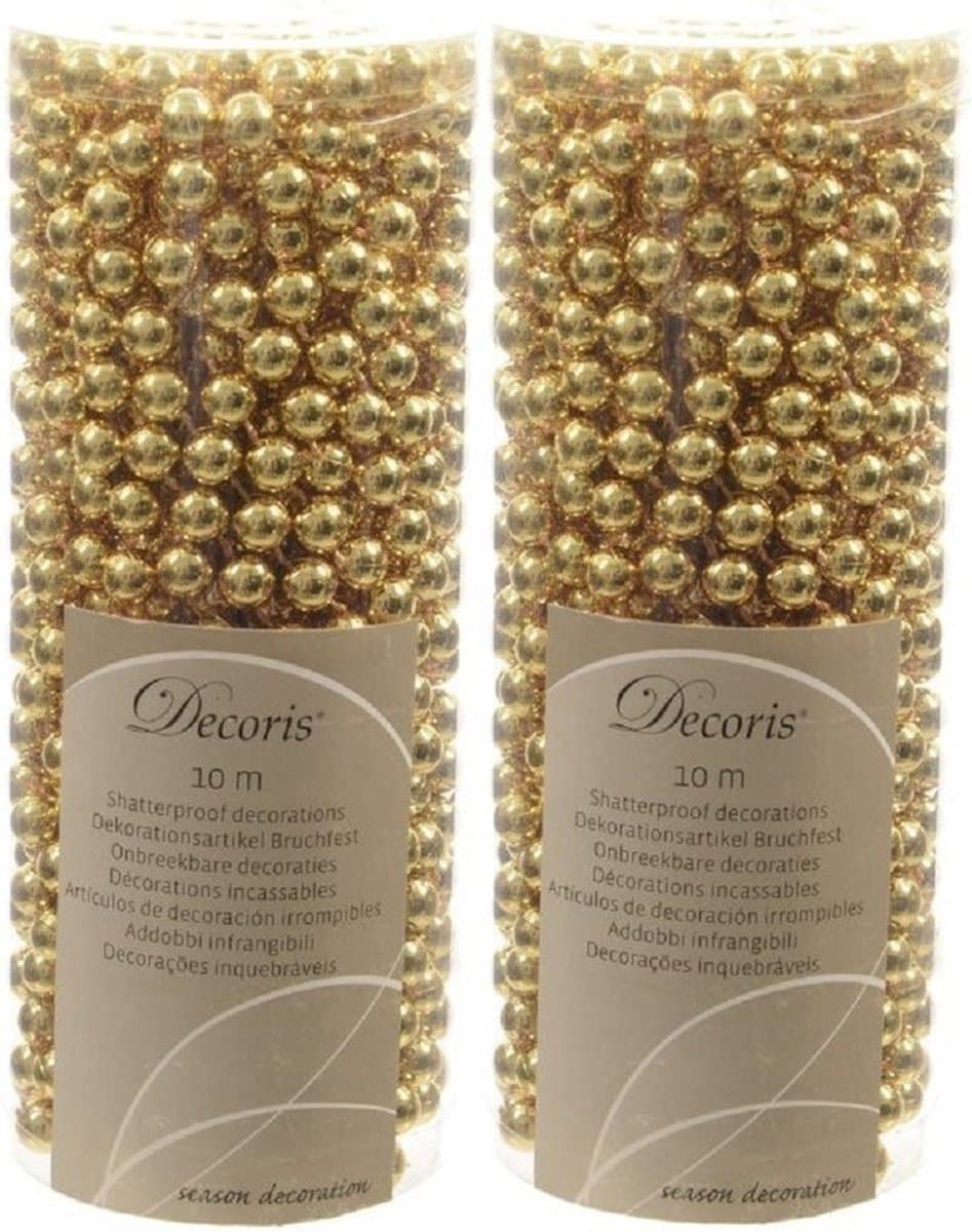 Decoris kralenslingers - 2x - goud - 10 meter - kunststof - glans - kerstslingers