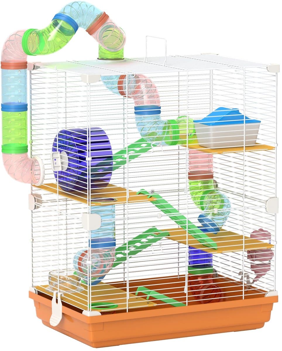 Archi hamsterkooi – Hamster huisje - Kooi met tunnel - Looprad – Inclusief drinker - Accessoires – 46 x 30 x 58 cm – Kleurrijk