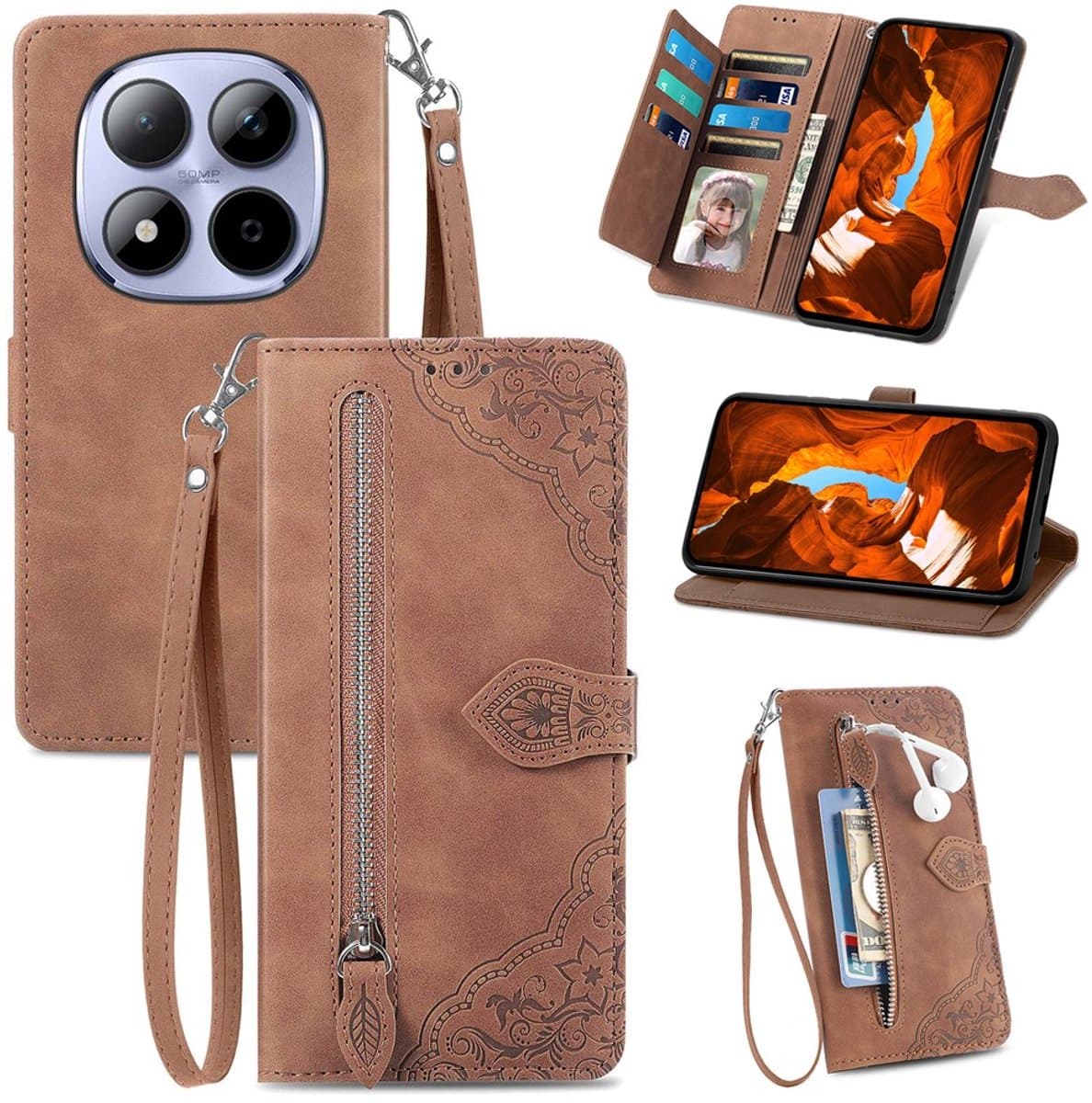 Telefoonhoesje geschikt voor Xiaomi Redmi Note 15 Pro 4G / Note 15 Pro 5G - Portemonnee met rits - book-case hoesje - ruimte voor 7 pasjes - mandala bloemen bruin