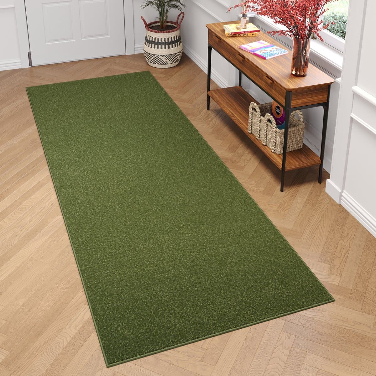 Tapiso Mono Loper Kleed Groen Effen Gang Laagppolig Vloerkleed Maat- 120x1250