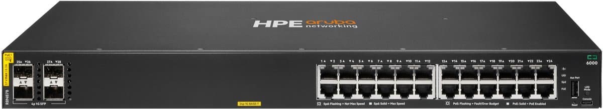HPE Aruba Networking CX 6000 24p 10M/100M/1G Class4 PoE 4p SFP 1G 370W Switch Managed L3 Gigabit Ethernet (10/100/1000) Power over Ethernet (PoE) 1U