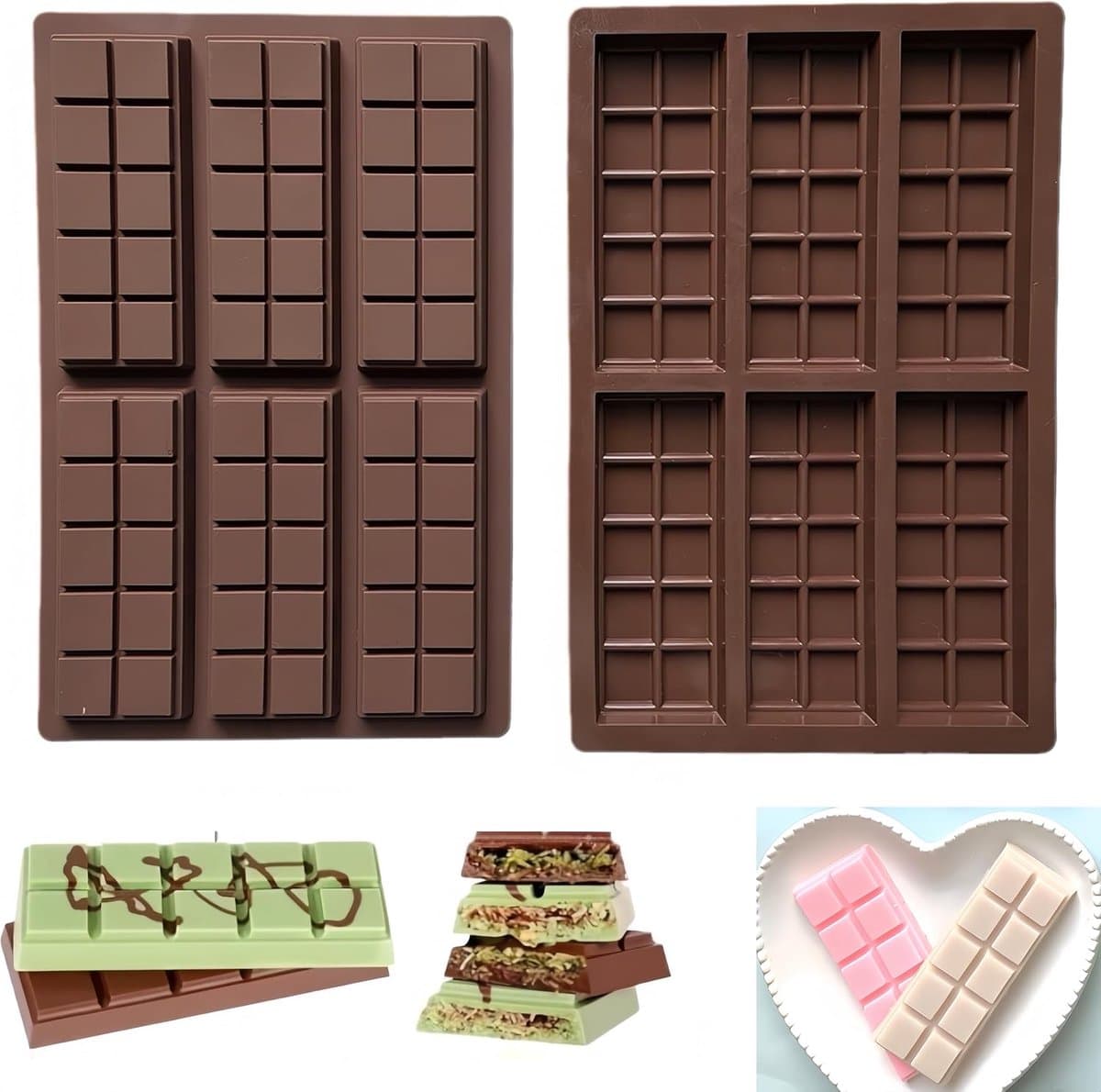 Pack van 4 Siliconen Chocolade Mallen voor 6 Tablets - Anti-aanbak Coating - 100% Voedselveilig - BPA Vrij - Herbruikbaar en Duurzaam - Ideaal voor Thuisgemaakte Chocolade en Bakken