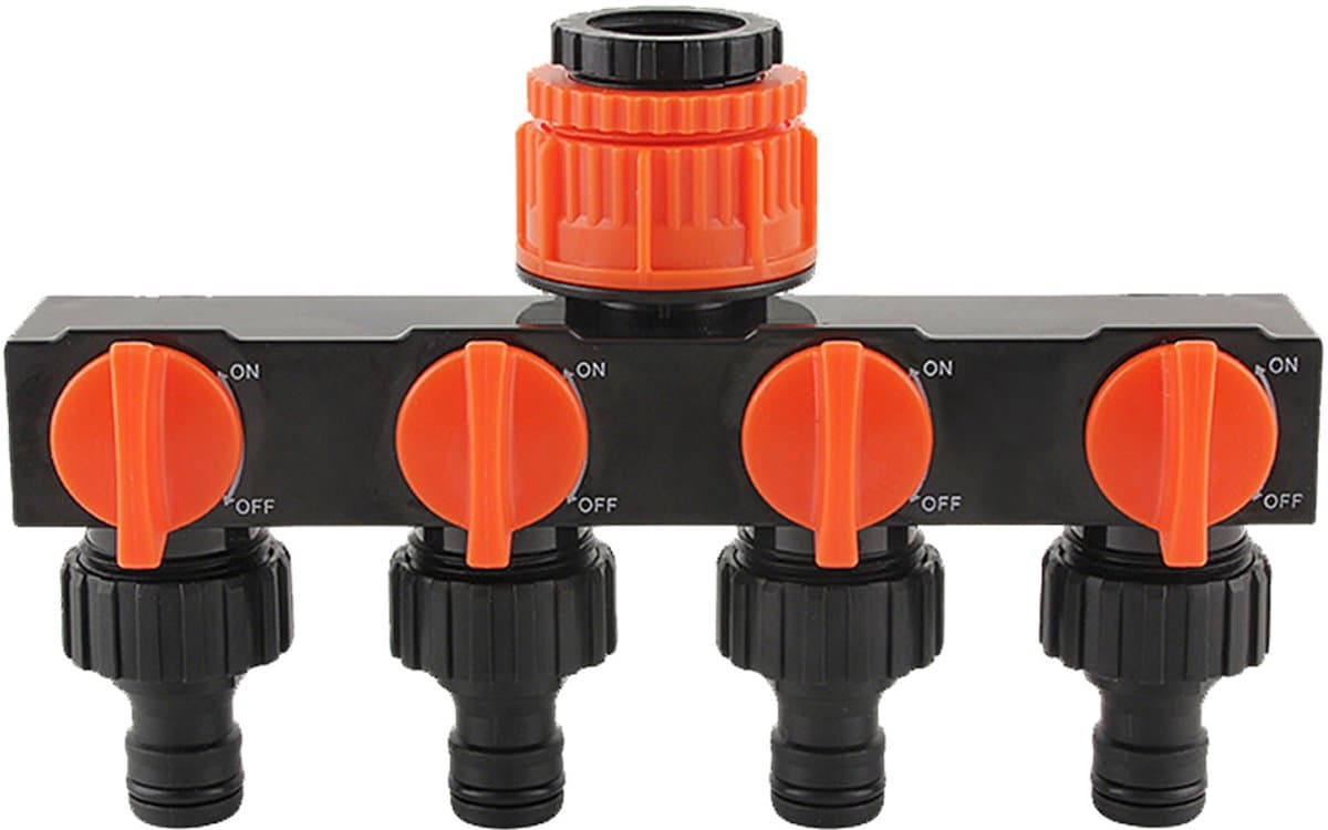 4-Weg Watersplitter (1" Naar 3/4" Naar 1/2") – met Onafhankelijke Kranen – Slangaansluiting met 1 Ingang en 4 Uitgangen – Ideaal voor Tuinberegening – Oranje