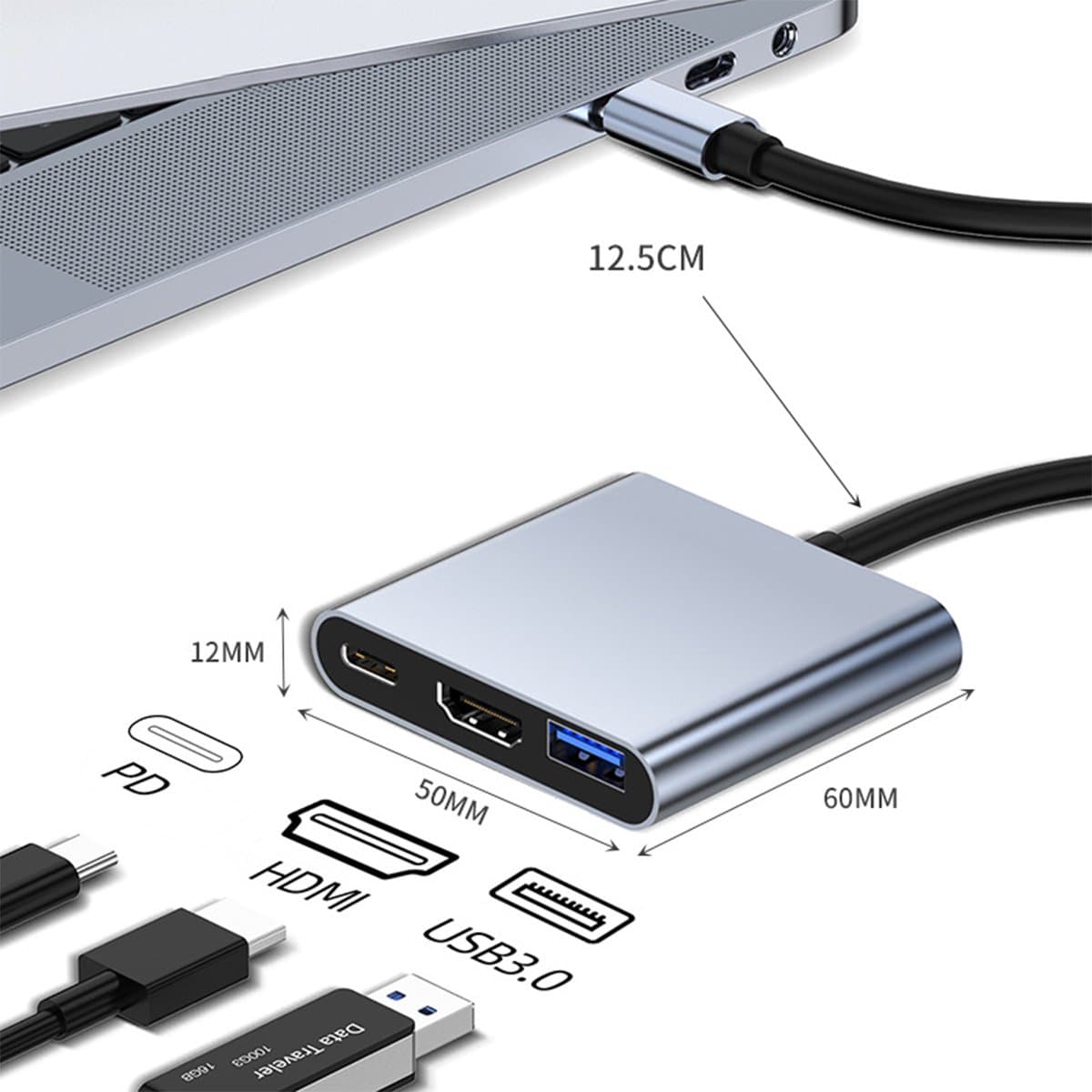 NAXSIR BYL-2005 3-in-1 USB-C Hub met 4K HDMI- USB Splitter -USB3.0 (5Gbps) - PD 87W - Geschikt voor Macbook Pro / Air / Windows / Universeel