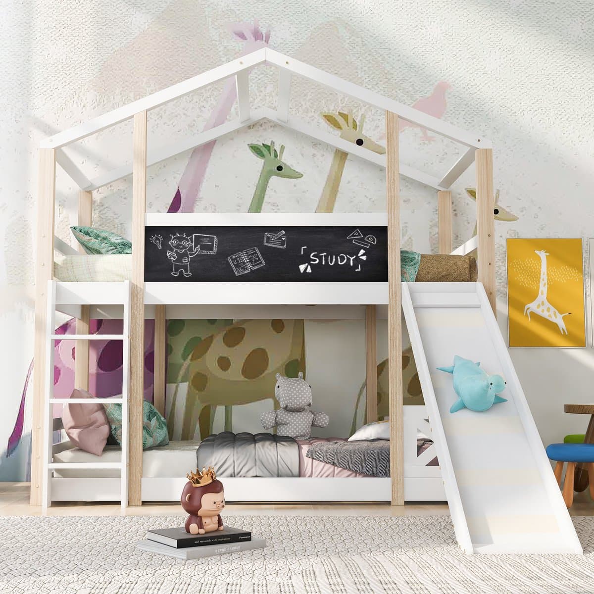 Kinderbed in Boomhutstijl met Glijbaan en Ladder 90x200cm, Stapelbed Voor Kinderen – 2 Lattenbodems – Naturel & Wit