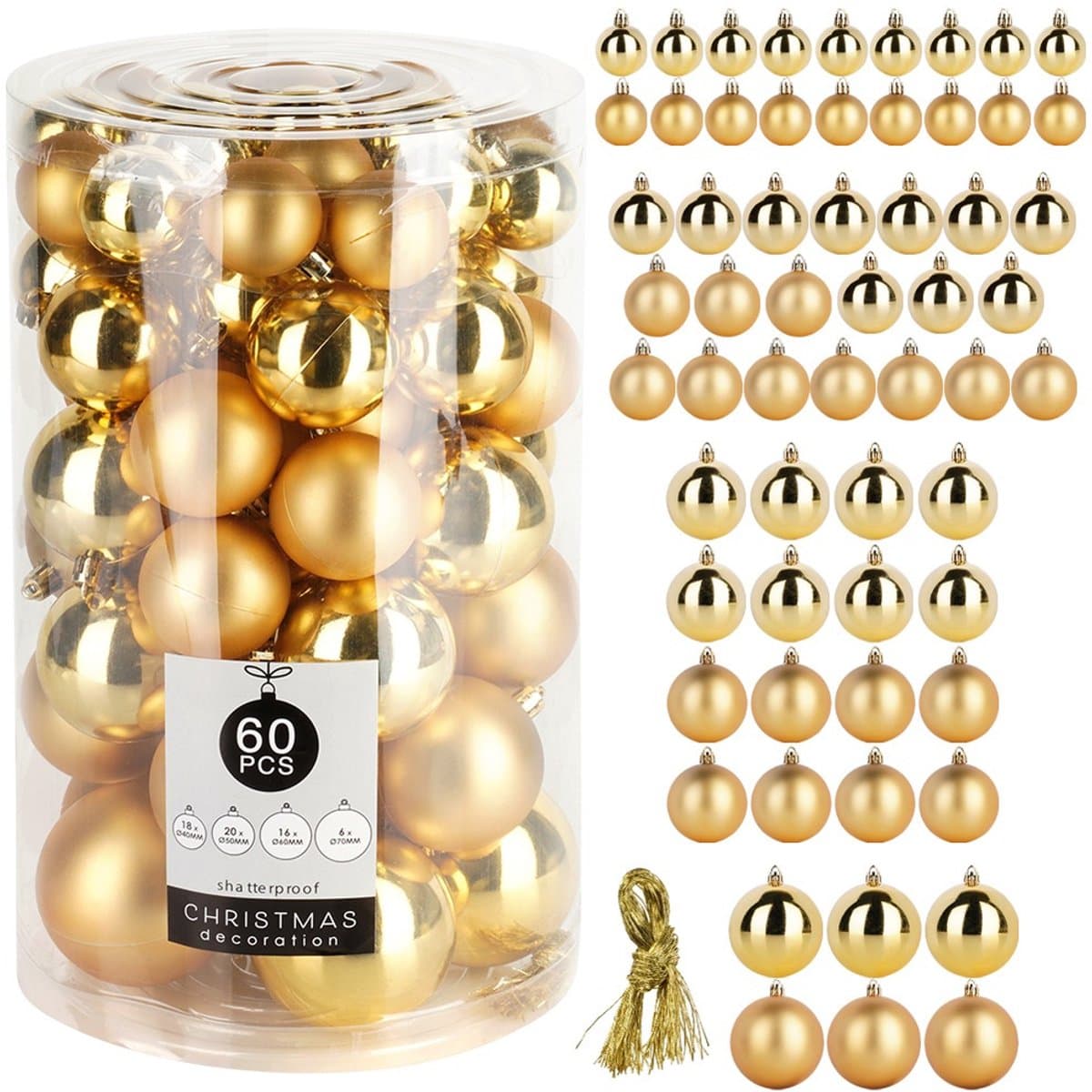 Koopman kerstballenset - goudkleurig, 60 stuks (18 x 40 mm, 20 x 50 mm, 16 x 60 mm, 6 x 70 mm)