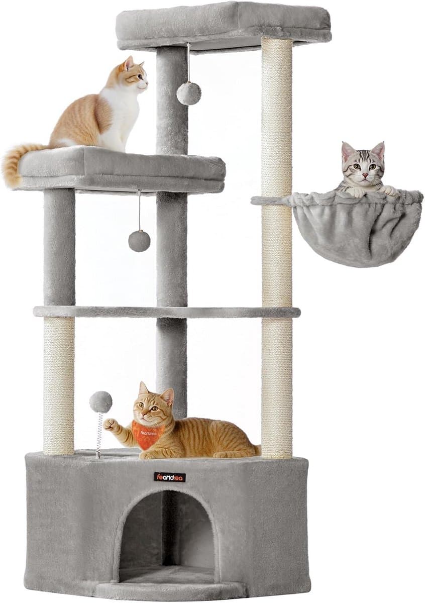 Kattenboom 140 cm met Grot, 2 Platforms, Hangmat en Krabpalen - Duifgrijs