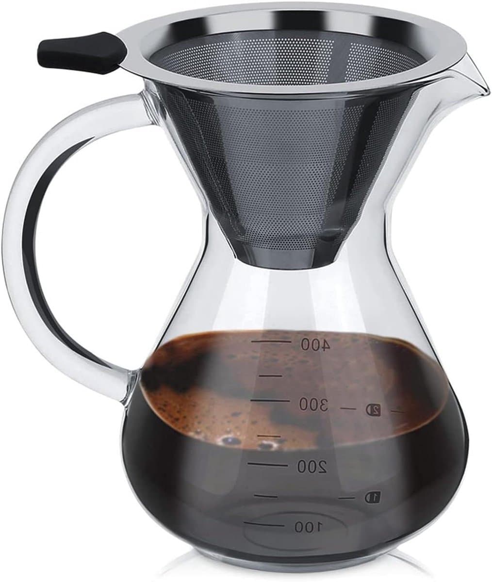 400ml Glazen Koffiezetapparaat met Roestvrijstalen Filter - Handmatige Koffiezetapparaat voor heerlijke koffievariaties met Zuiger - Pour Over Koffie Maker met Schaal
