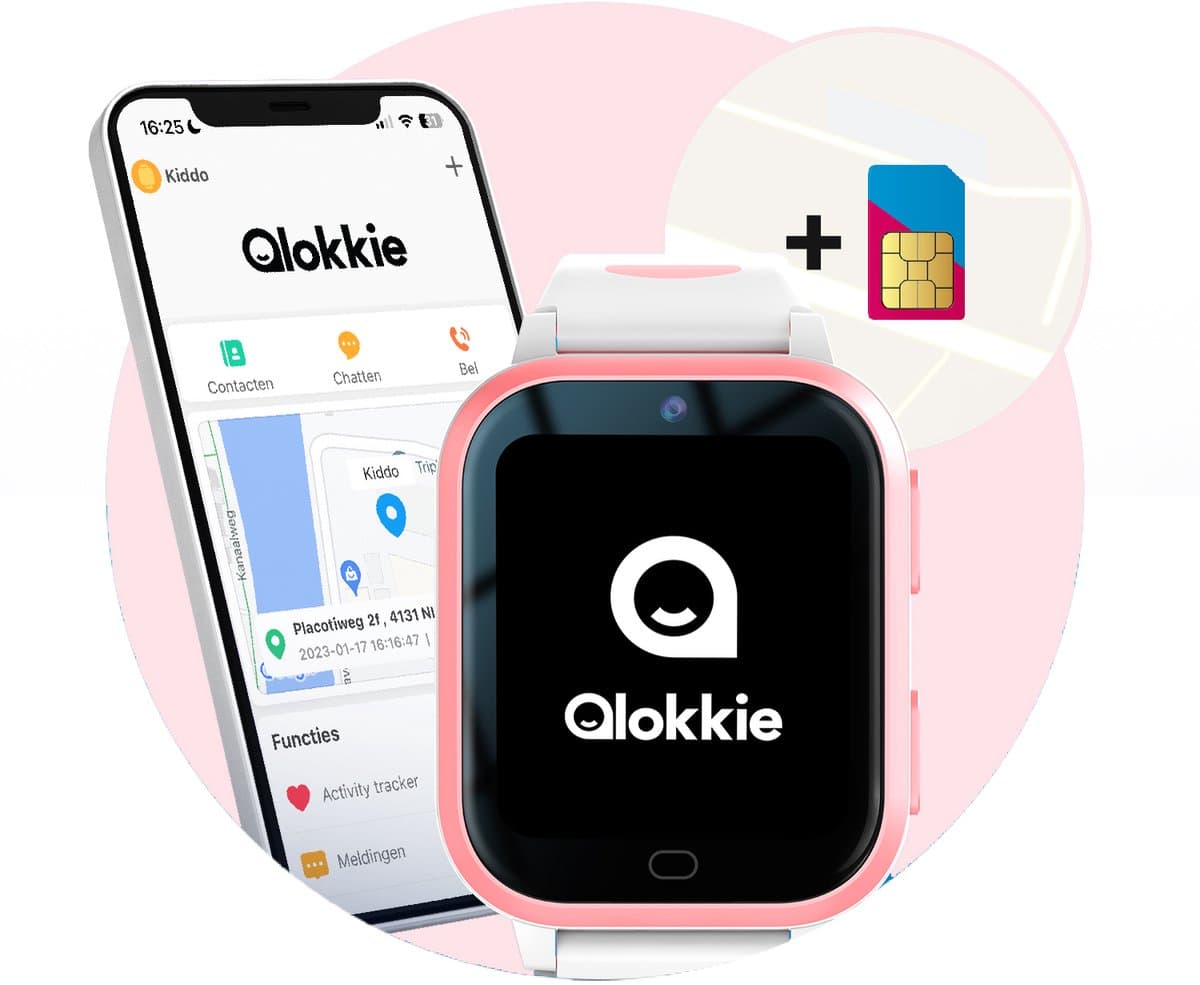 Qlokkie Kiddo Next - GPS horloge kind - Smartwatch kinderen - GPS tracker kind met nauwkeurige locatiebepaling - GPS horloge kind met simkaart - Stel veilige zones in - SOS functie - Whatsapp - Roze