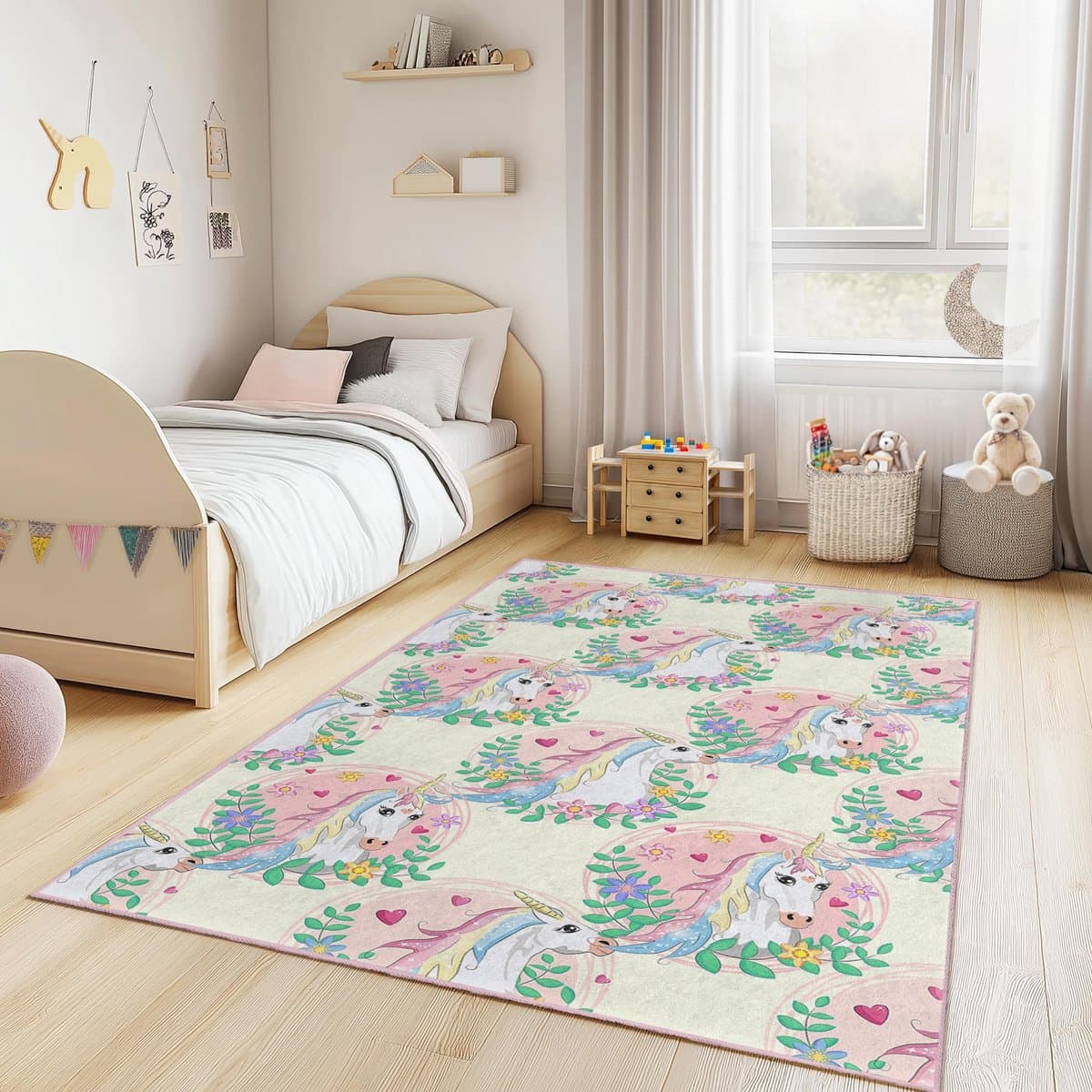 Mila Home Eenhoorn Bloemen Droom - Kindertapijt Vloerkleed voor Kinderkamer - Wasbaar - Antislip - OEKO-TEX Gecertificeerd - Beige Roze Groen - 80x300 cm - (344 1)