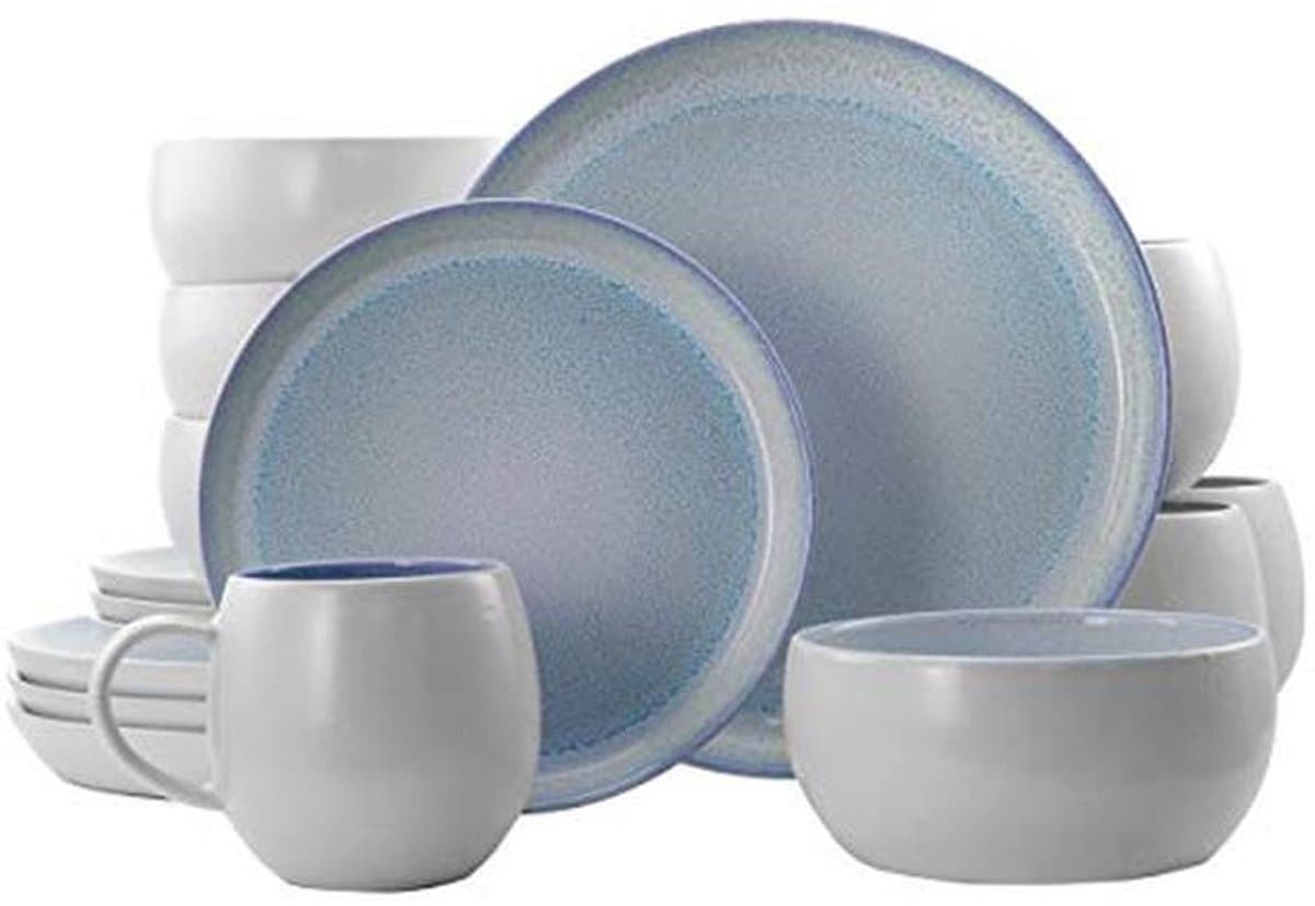 Ronde steengoed serviesgoed set voor 4 personen in blauw en mauve