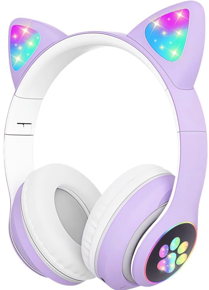 Hoofdtelefoon met kattenoortjes, Bluetooth stereo hoofdtelefoon, met ledverlichting en microfoon, RGB gaming hoofdtelefoon, over-ear model, paars.