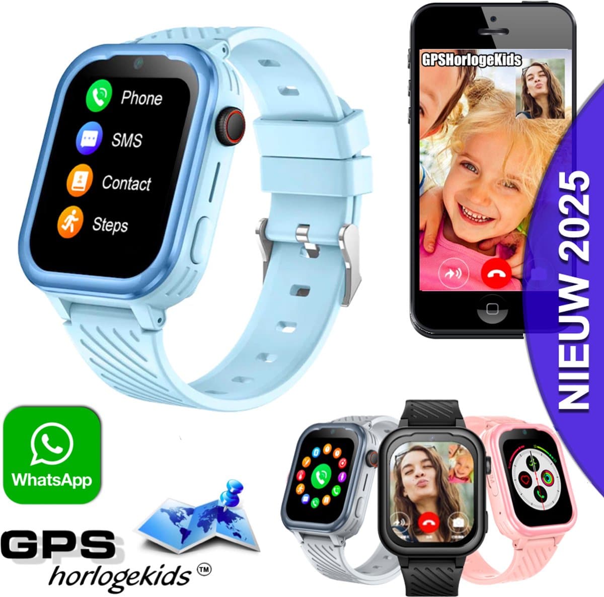 GPSHorlogeKids© - GPS horloge kind - smartwatch kinderen - WhatsApp - 4G videobellen - spatwaterdicht - SOS alarm - SMS - incl SIM - Turn Blauw