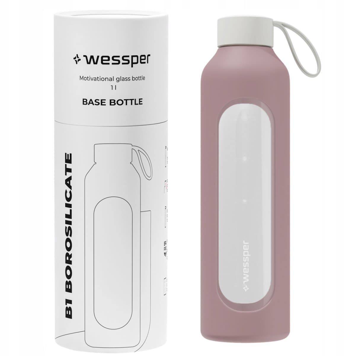 Glazen Motivatiefles 1000ml – Duurzame Waterfles in DUSTY ROSE