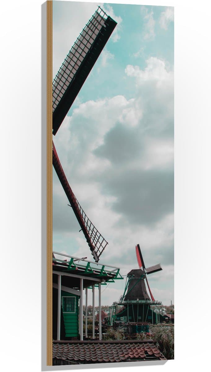 Hout - Windmolens met Groene Details aan het Water - 40x120 cm - 9 mm dik - Foto op Hout (Met Ophangsysteem)