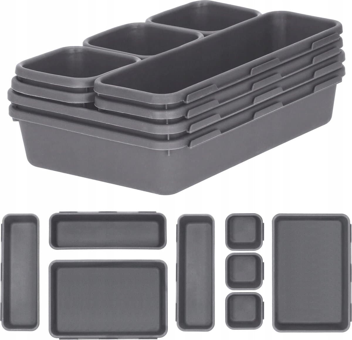 Modulaire Lade Organizer Set Van 8 Bakken - Bestekbak Ladeverdeler Ladebak Organiser Lade Inzet Bak Opbergbak Houder Verdeling Buro/Keukenklade/Keuken/Badkamer - Inzetbak Opbergbakken Voor Opbergen Van Bestek/Cosmetica/Sieraden - Kunststof - Grijs