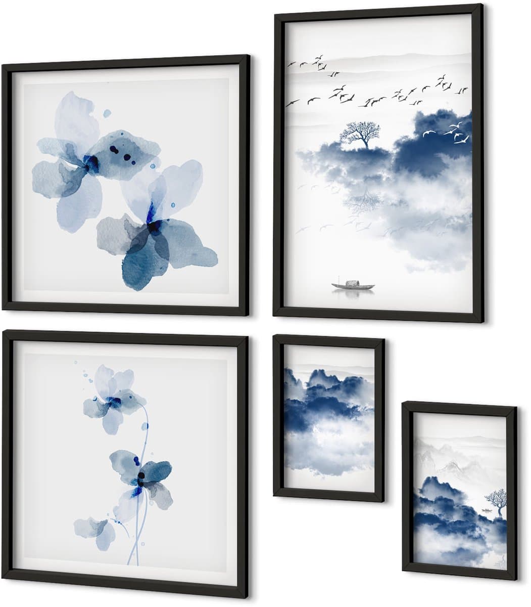 Coloray 4-Delige Schilderij Set - Landschappen met tere bloemen en kalm water. - 50 x 50 cm, 20 x 30 cm en 40 x 60 cm - Wanddecoratie - Schilderijen Set - Kantoor - Decoratieve Schilderijen