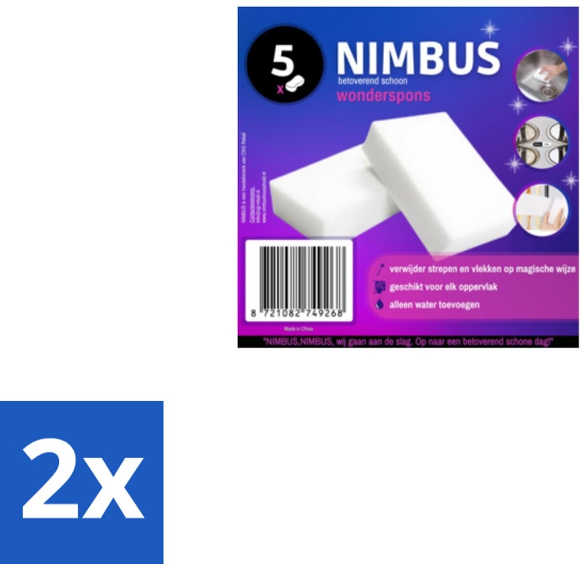 2 x NIMBUS – Wonderspons – Melamine Spons – Voordeelverpakking - Schoonmaak - Reiniging - Spons - Melamine Spons - Vuil Verwijderen