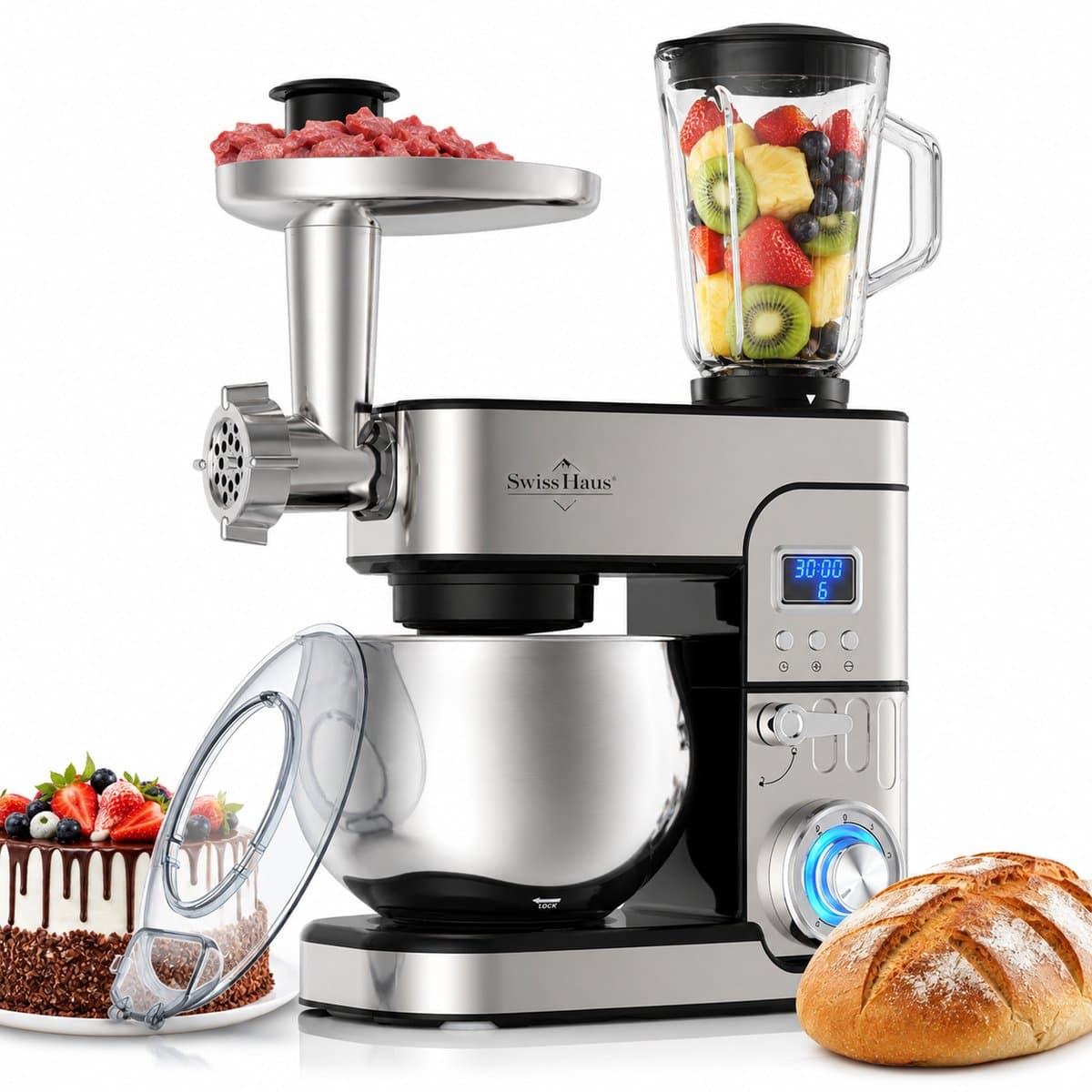 Swiss Haus® KM2206BG Keukenmachine 1300W – 6L RVS Mengkom – Keukenrobot met Blender 1.5L & Vleesmolen – Foodprocessor met Timer & LED Display – 6 Snelheden + Pulse – RVS