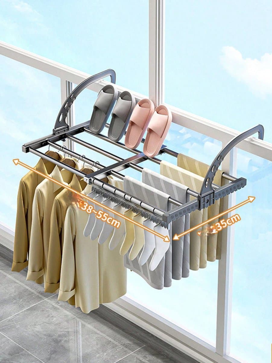 YAGXIG Uitschuifbare droogrek voor kleding - Veelzijdige washanger van koolstofstaal, verstelbaar van 38 tot 55 cm, droogrek voor kleding, schoenenrek, hangend aan de deur, badkamer, vensterbank, leuning, balkon