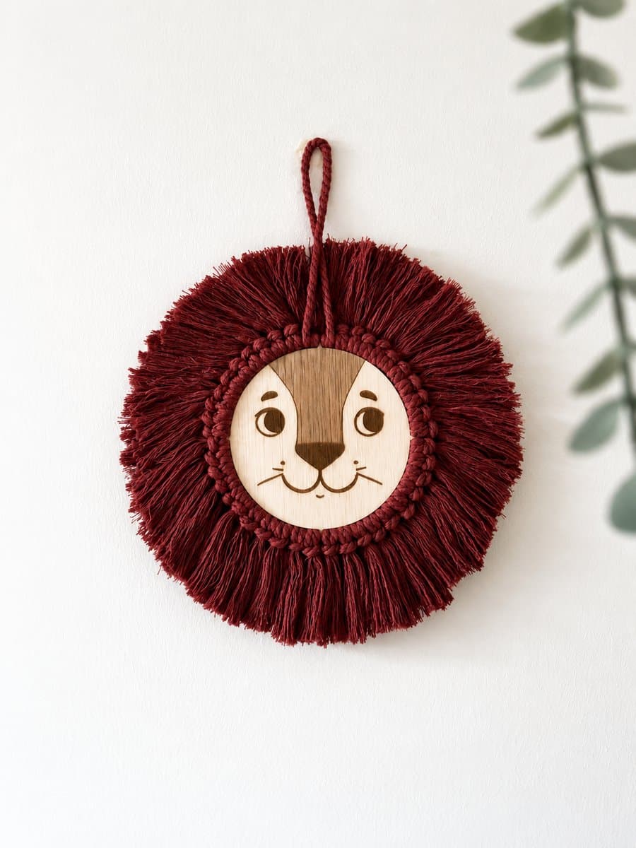 Houten Leeuwenkop Babykamer – Macramé Wanddecoratie roestbruin – Jungle Safari Decoratie Kinderkamer – Handgemaakt