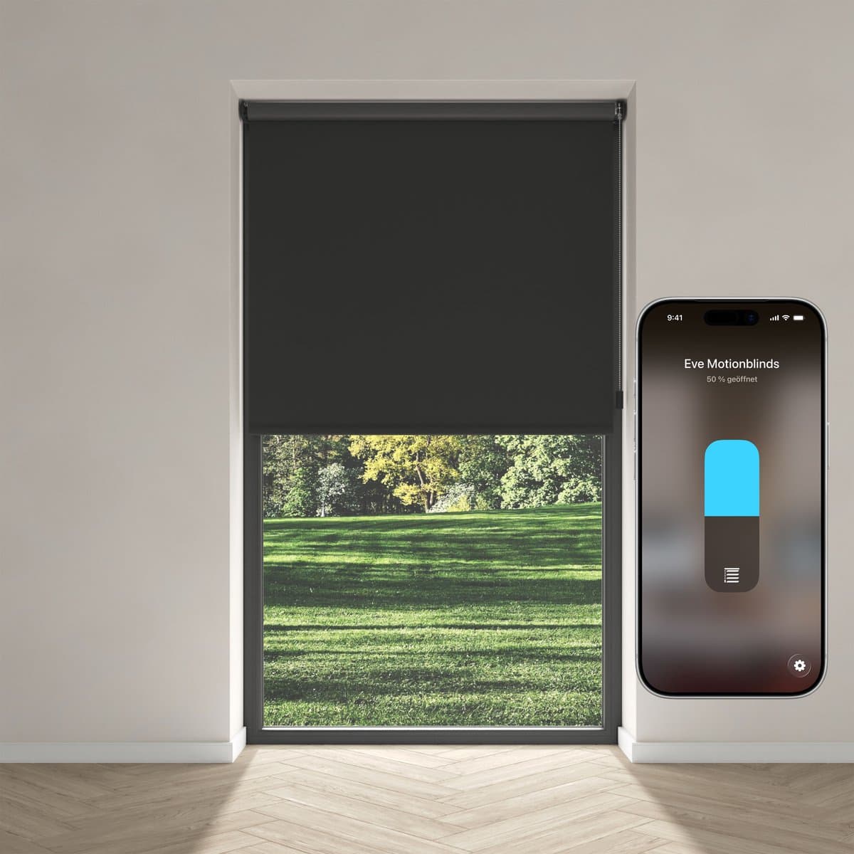 Eve Motionblinds (Matter) - Slim elektrisch rolgordijn voor binnen, app-/spraakbediening, schema's, verduisterend, oplaadbare accu, vrijhangend, schroefmontage, automatiseringen, vereist een hub, zwart - 220x190cm