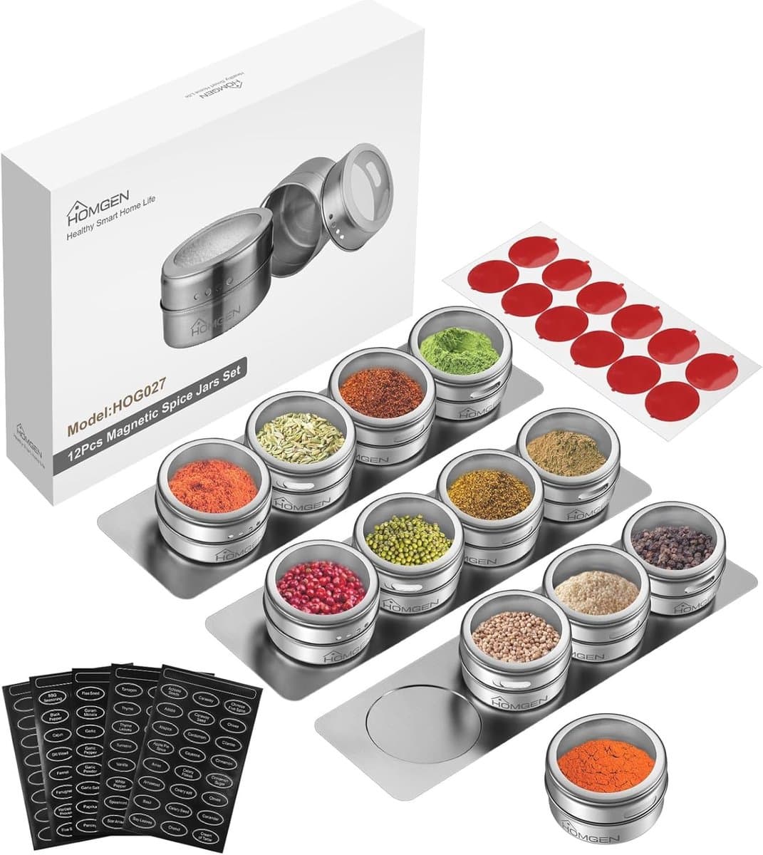 12-Pack Magnetische Specerijpotjes van Roestvrij Staal - 3,4oz Magnetische Keukenpotjes met Deksel en 3 Metalen Platen voor Makkelijk Gebruik in de Koelkast en Organisatie van Kruiden