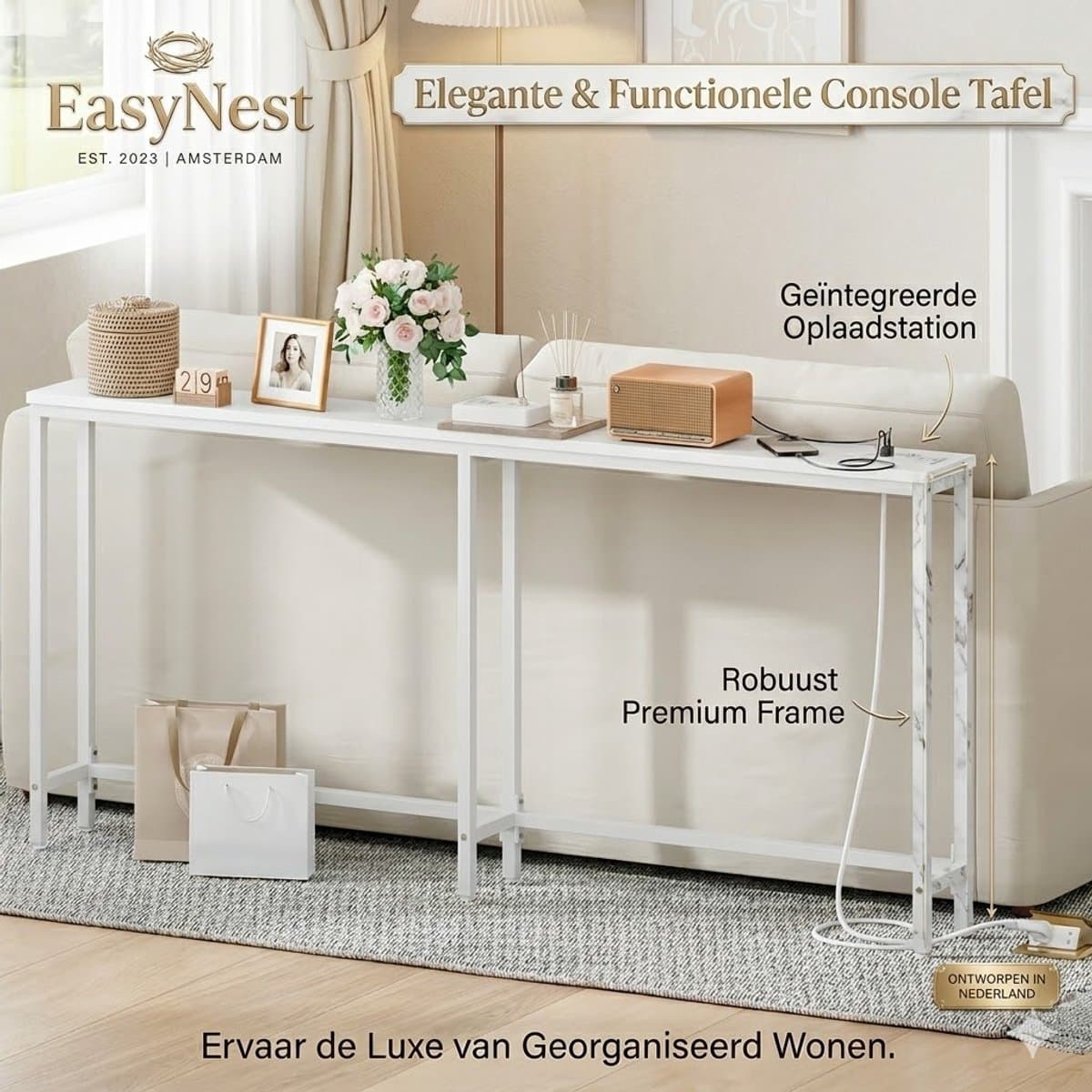 Smalle Consoletafel met Oplaadstation en Stekkerdoos – Haltafel met USB-poorten – Banktafel voor Entree, Hal of Woonkamer – Rustiek Bruin/Zwart