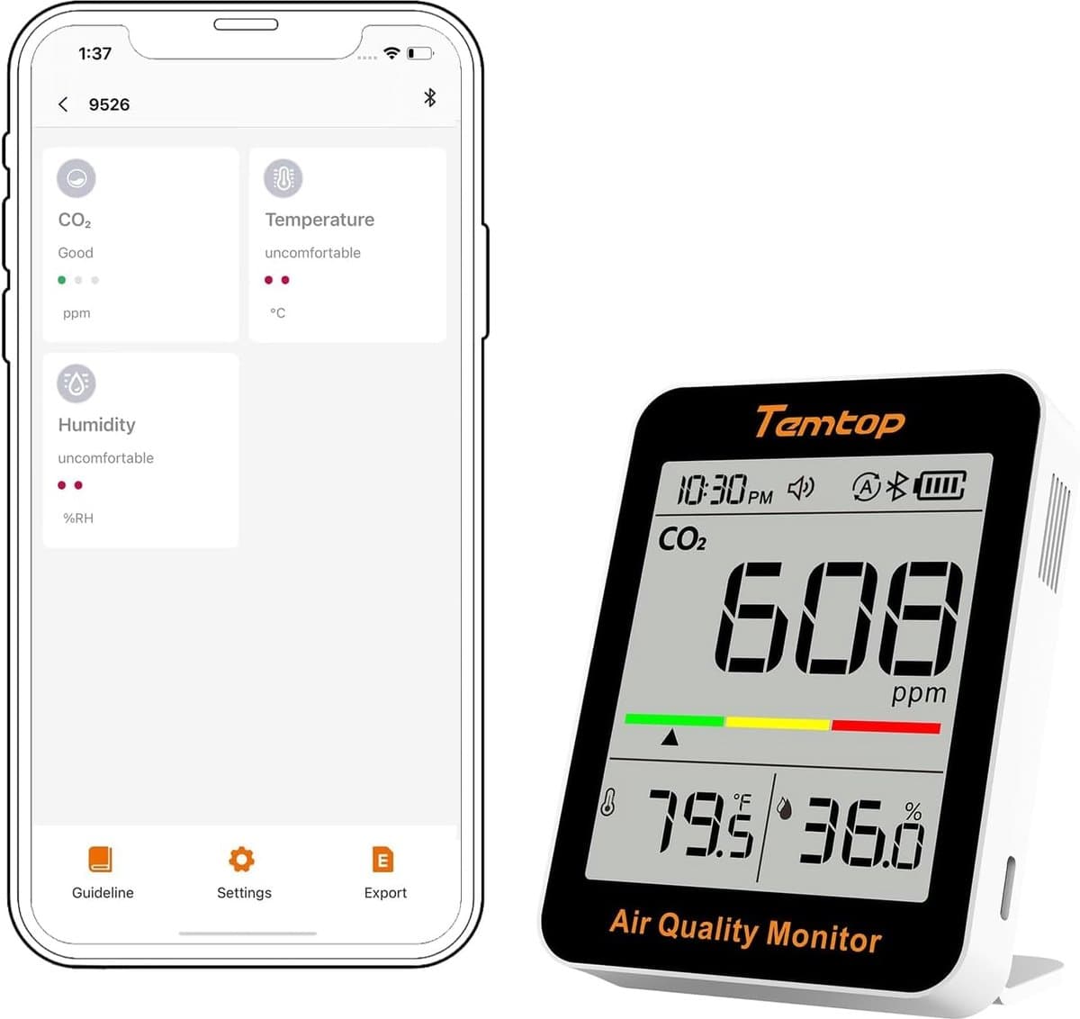 Thijox - CO2 Monitor Bluetooth Luchtkwaliteitsmonitor voor Thuis, Kantoor en School - Meet CO2, Temperatuur en Vochtigheid - Mobiele App Integratie C1