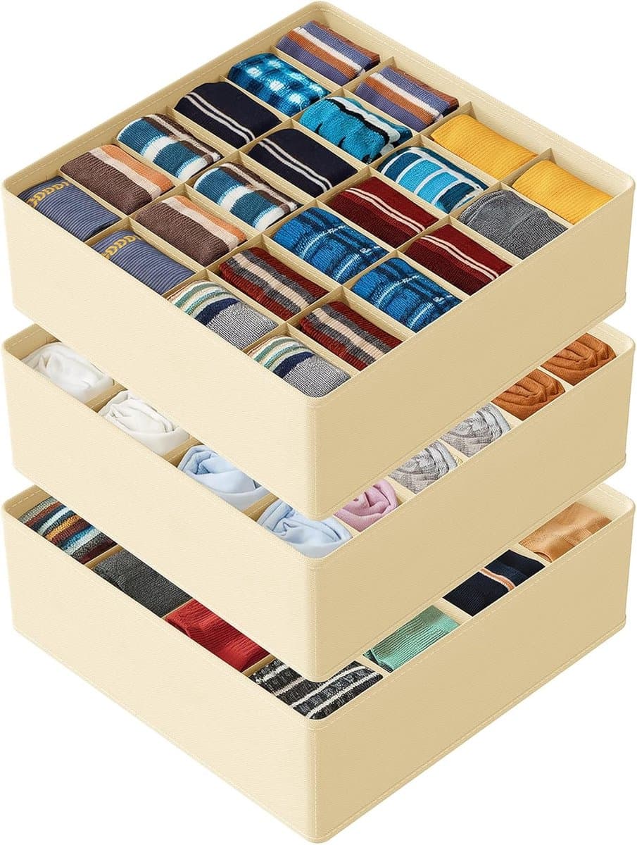 3 Stuks Sokkenlade-Organizer - Kledingkastorganizer - 72 Vakjes - Verdelers - Niet-Geweven Stof - Eenvoudig Te Installeren - Voor Ladekast, Kledingkast, Kinderkamer, Opbergbakken - Voor Sokken, Ondergoed, Stropdassen En Riemen - Beige