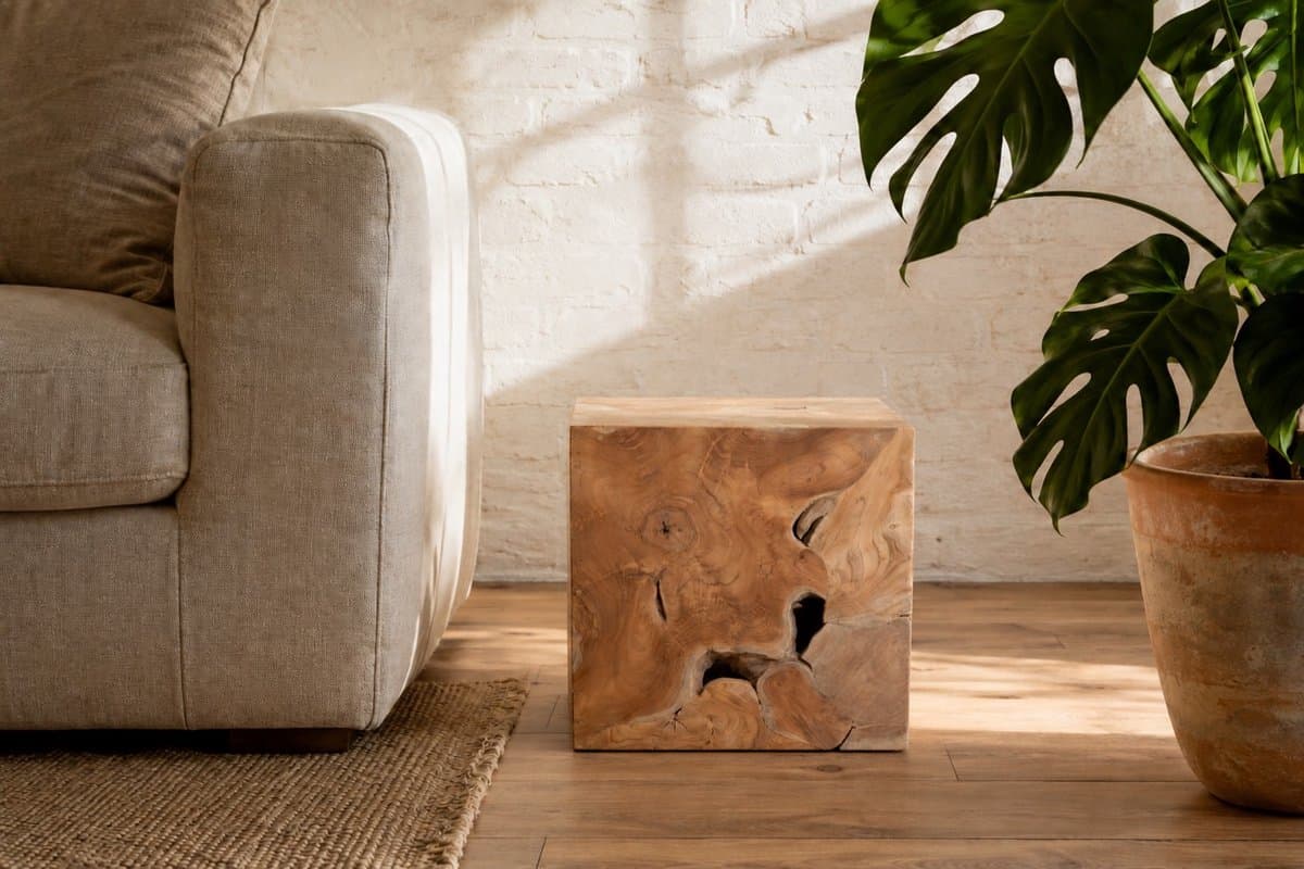 Bijzettafel - Kruk - Nachtkastje "Mulio" - Kubus - 40cm x 40cm x 40cm - Teak hout - Unieke vormen
