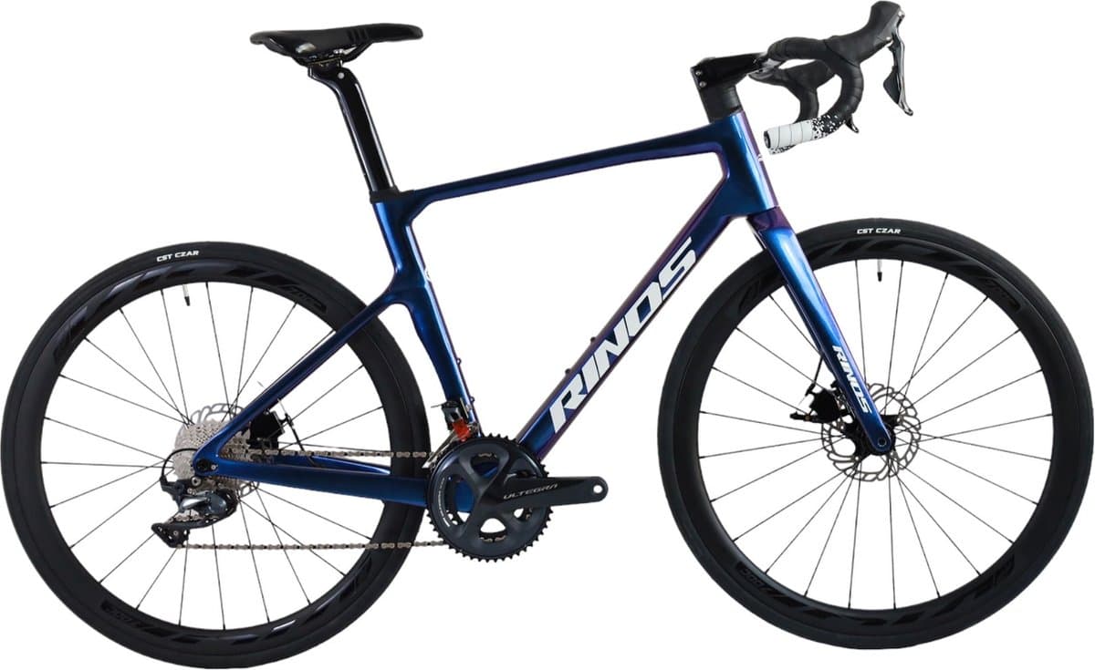 Rinos Odin5.0 Carbon Road - Racefiets - met SHIMANO Ultegra R8000 - 22 versnellingen en schijfremmen - lichte fiets voor dames en heren - Wielen van koolstofvezel - 700 x 40C - Kameleon Blauw-Paars 58
