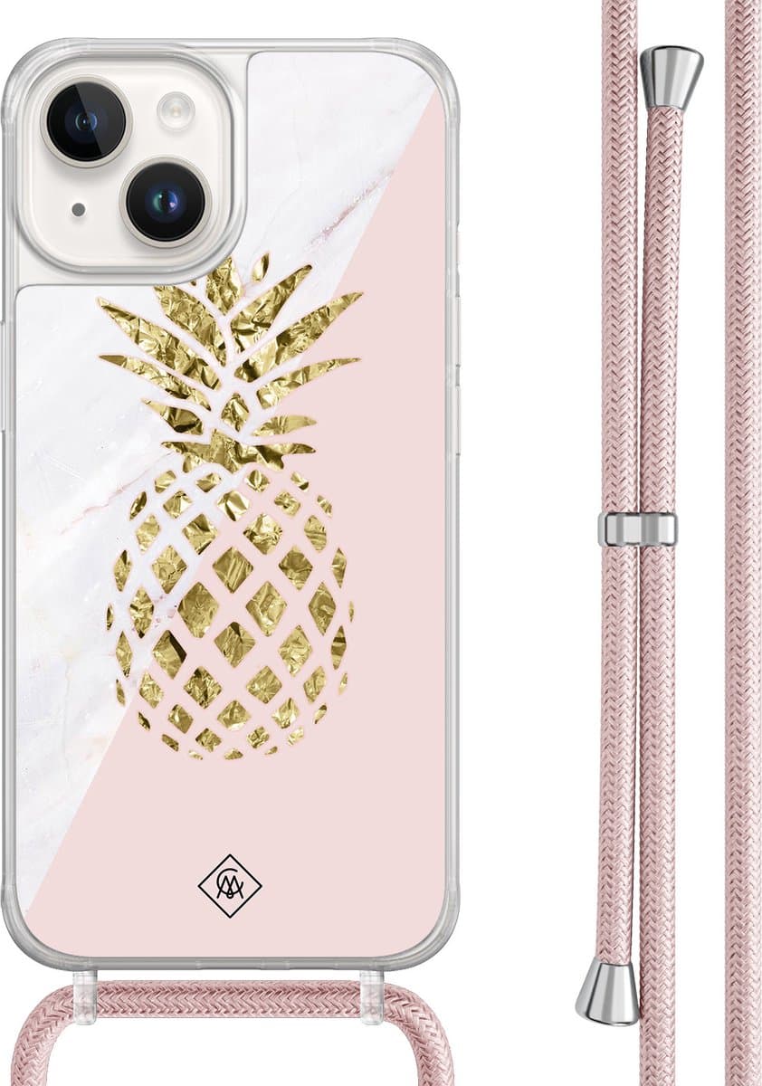 Casimoda® hoesje met rosegoud koord - Geschikt voor iPhone 14 - Ananas - Afneembaar koord - TPU/acryl - Roze