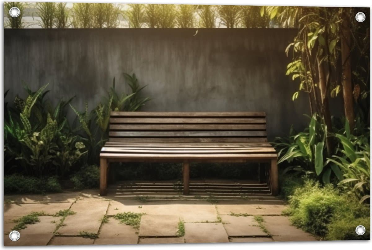 Tuinposter – Houten Bankje in Tuin - 75x50 cm Foto op Tuinposter (wanddecoratie voor buiten en binnen)