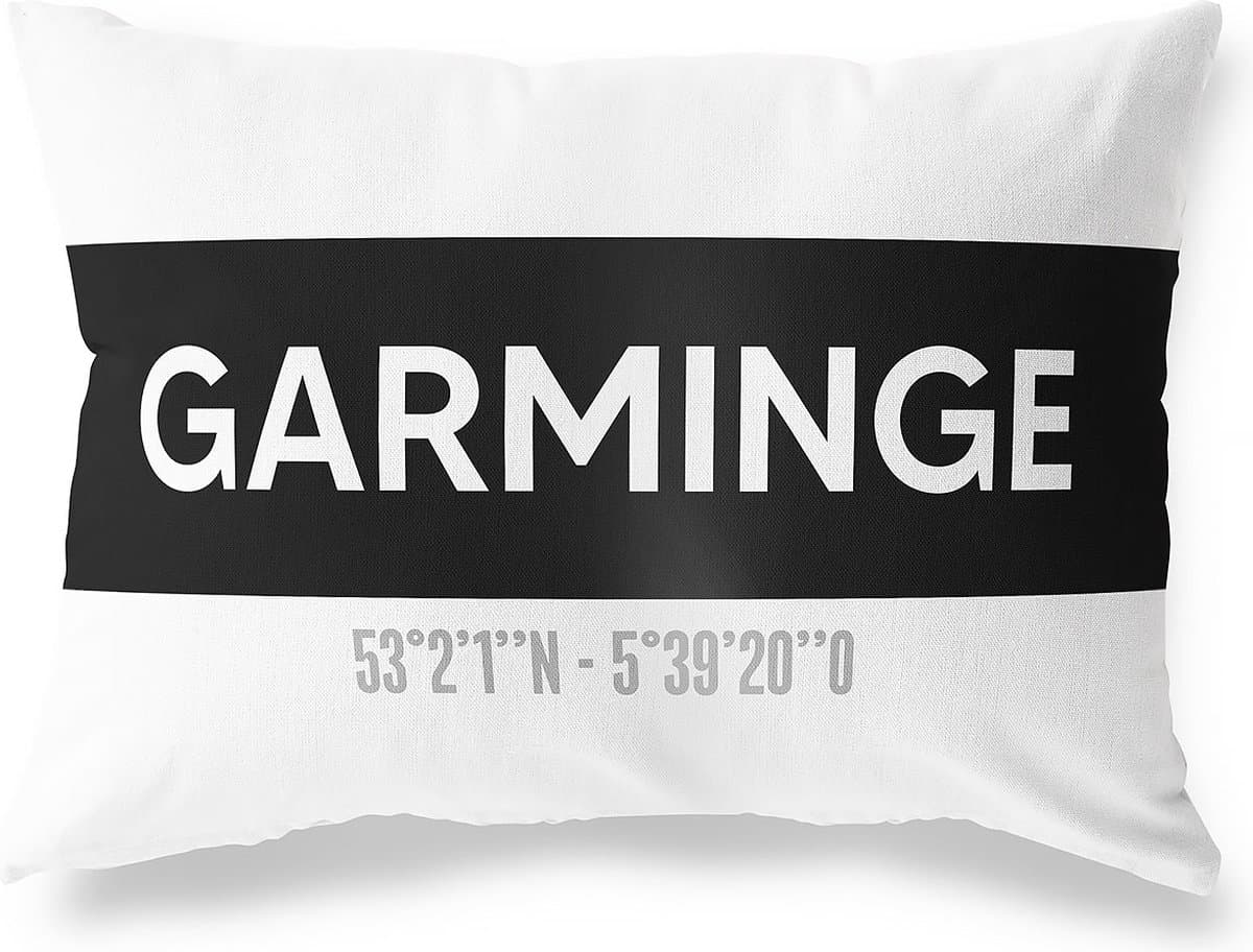 Tuinkussen GARMINGE - DRENTHE met coördinaten - Buitenkussen - Bootkussen - Weerbestendig - Jouw Plaats - Studio216 - Modern - Zwart-Wit - 50x30cm