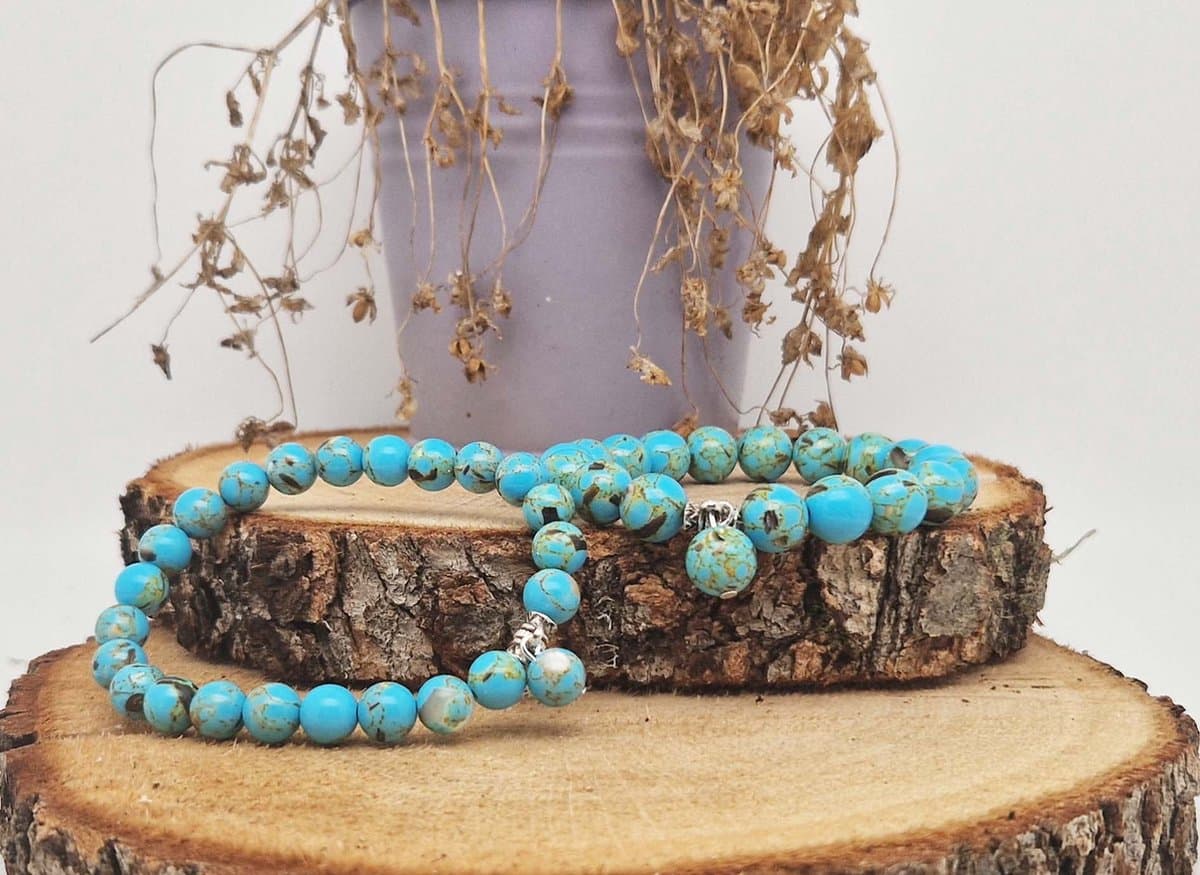 Handgemaakte Fatema natuursteen armband met natuursteen hanger " Turkoois bakeliet" -8 mm diameter van de korrel- Diameter armband 20 cm - Een mooi cadeau voor familie en vrienden
