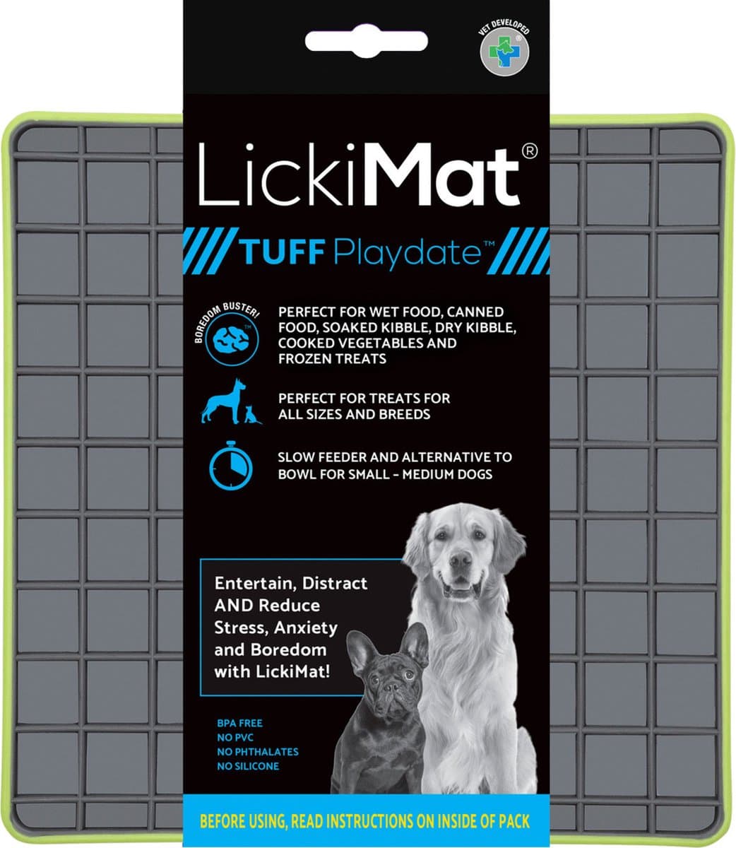 Lickimat Playdate Tuff - Reducerende Stress Voermat 20x20 cm - Hondenvoerbak - Appelgroen&Grijs