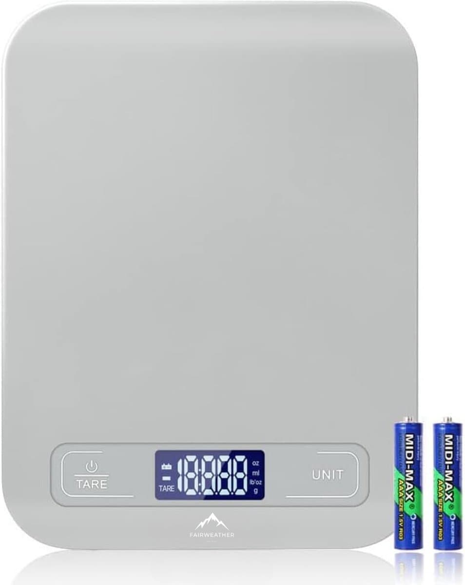 Fairweather Precisie Keukenweegschaal - Weegschaal Keuken Digitaal - 1 g tot 5 kg - Tarra Functie - Inclusief Batterijen - RVS/Zilver