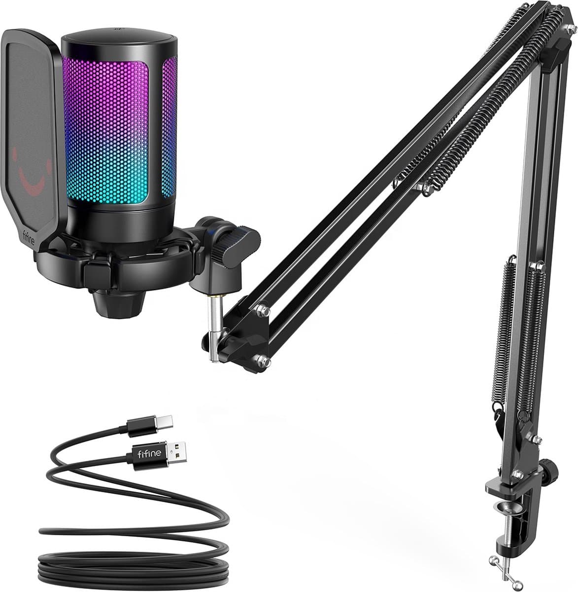 FIFINE A6T - USB Gaming Microfoon - PC-Gaming Met Arm ( 66cm! ) - Geschikt voor PC/PS4/PS5 - RGB - Podcast - Gaming - Streaming - Zwart