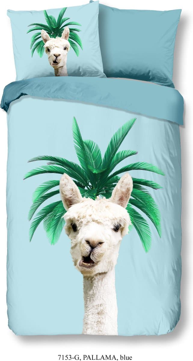 Good Morning dekbedovertrek lama met palmboom - 1 persoons 140x200/220 cm - Blauw - 100% Katoen renforce
