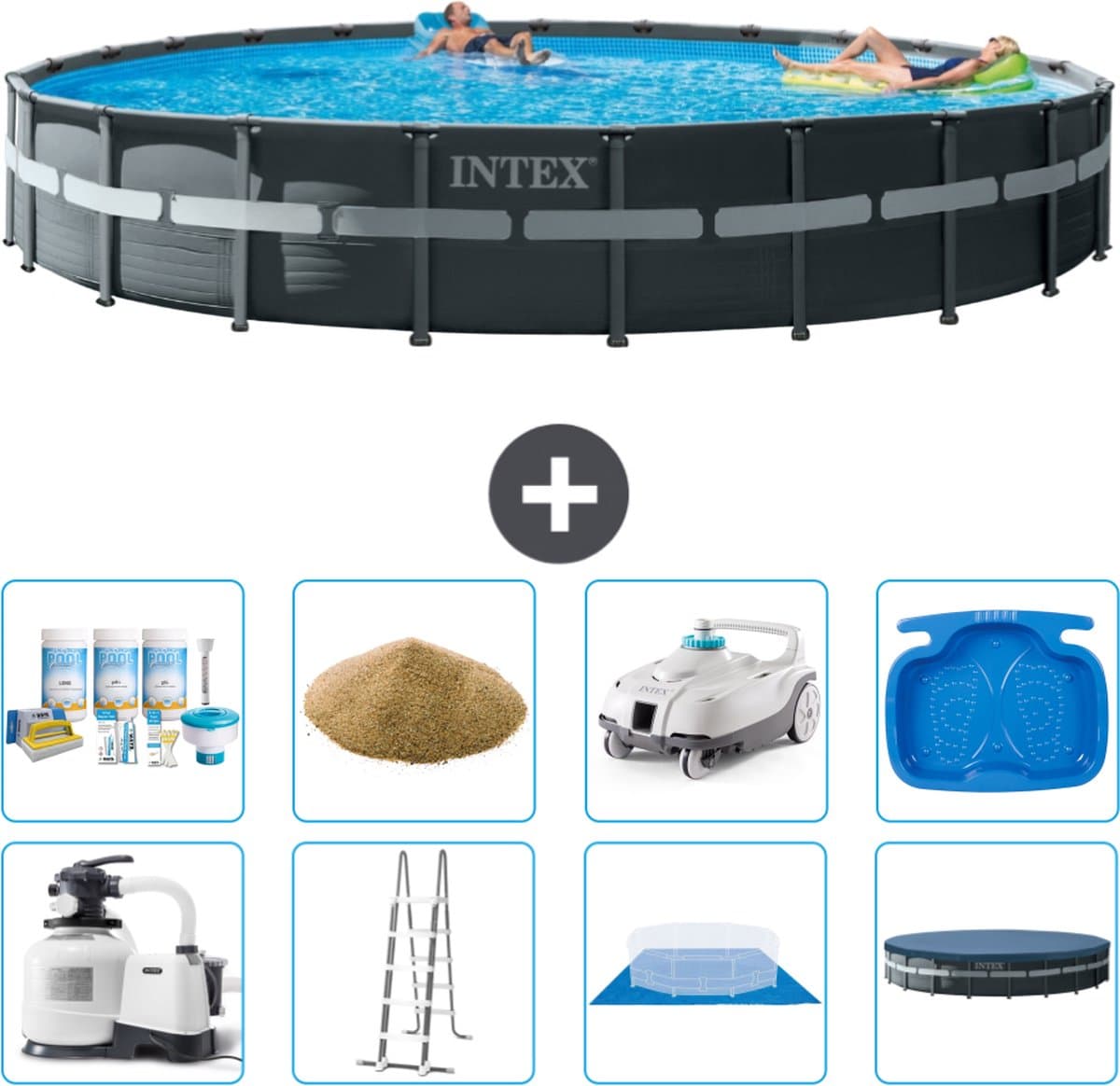 Intex Rond Ultra XTR Frame Zwembad - 732 x 132 cm - Inclusief Pomp - Ladder - Grondzeil - Afdekzeil Onderhoudspakket - Filterzand - Stofzuiger - Voetenbad