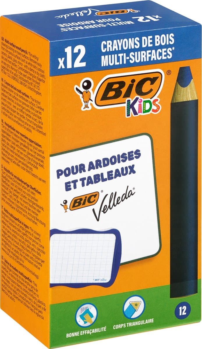BIC Multisurface Whiteboard Potloden - Set van 12 stuks - Schrijfkleur Blauw - Houtvrij & Droog Uitwisbaar - Het Alternatief voor Whiteboard Markers & Raamstiften