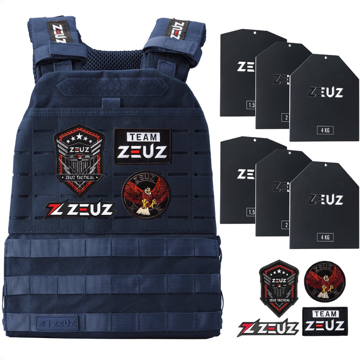 ZEUZ Gewichtsvest 16,5 KG voor CrossFit & Fitness – Tactical Weighted Vest & Trainingsvest - Verstelbaar in Gewichten – 19 Standen - Marineblauw