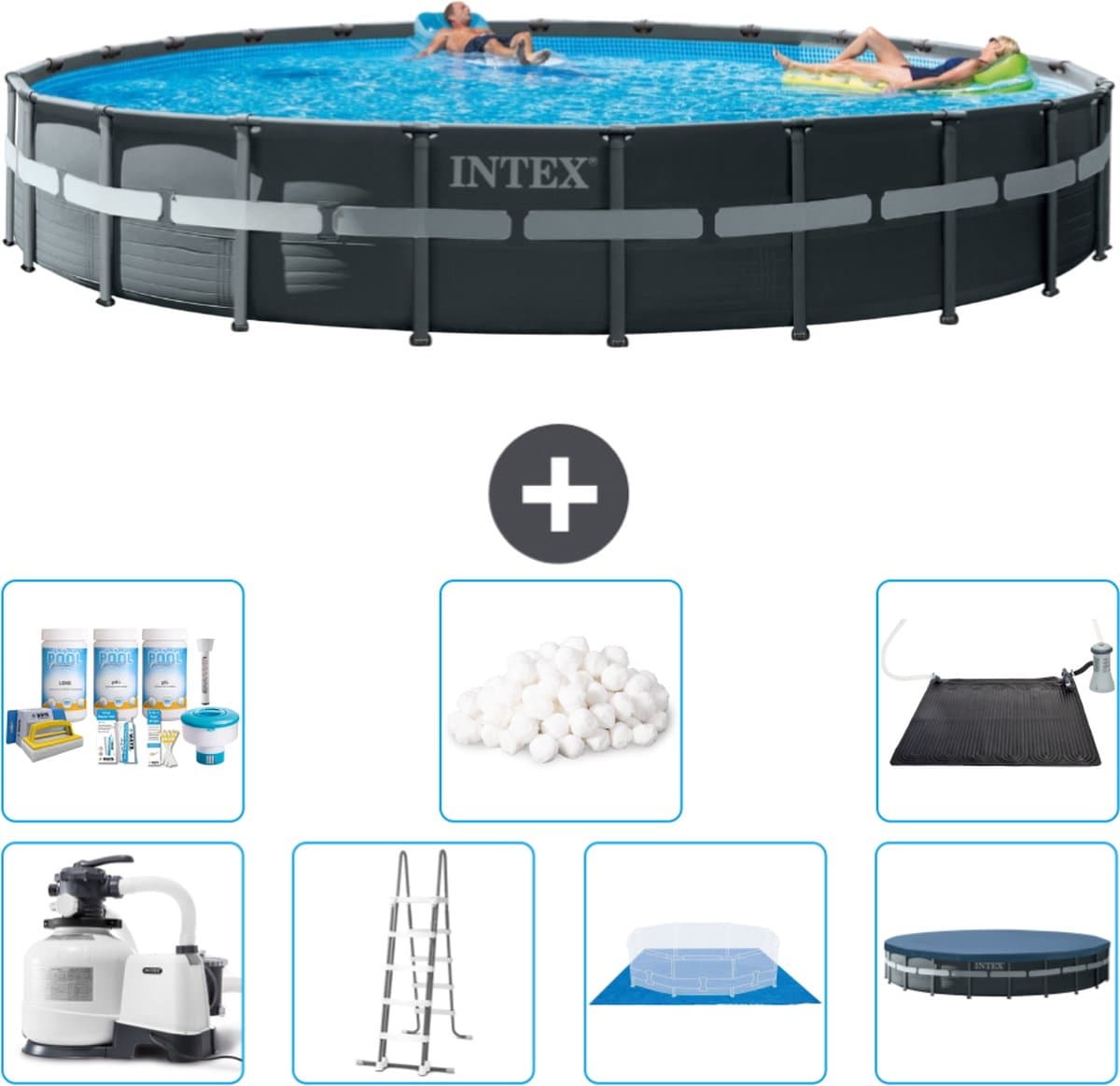 Intex Rond Ultra XTR Frame Zwembad - 732 x 132 cm - Inclusief Pomp - Ladder - Grondzeil - Afdekzeil Onderhoudspakket - Filterbollen - Solar Mat