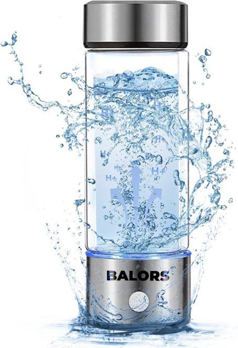 BALORS® Waterstof Generator – Hydrogen Water Fles 450 ml – Produceert Gezond H₂ Water – Draagbare Waterfilterfles & Drinkfles – Ionisator met USB-oplader – Transparant/Zilver