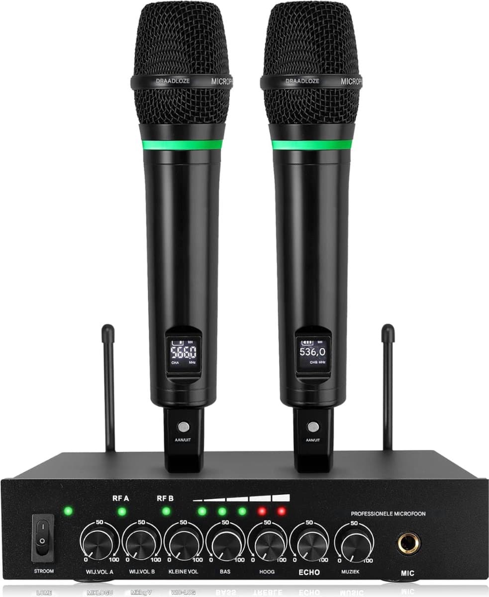 Draadloze UHF Microfoonset met 2 Handmicrofoons Oplaadbaar Bluetooth 5.0 6,35 mm Uitgang voor Karaoke Mixer en Soundbar